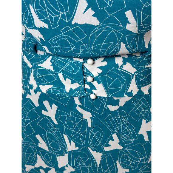 Teal Blue White 80's Dress Wide Belt Sz 10 12 Geometric New Wave Flutter Sleeve - Picture 3 of 7